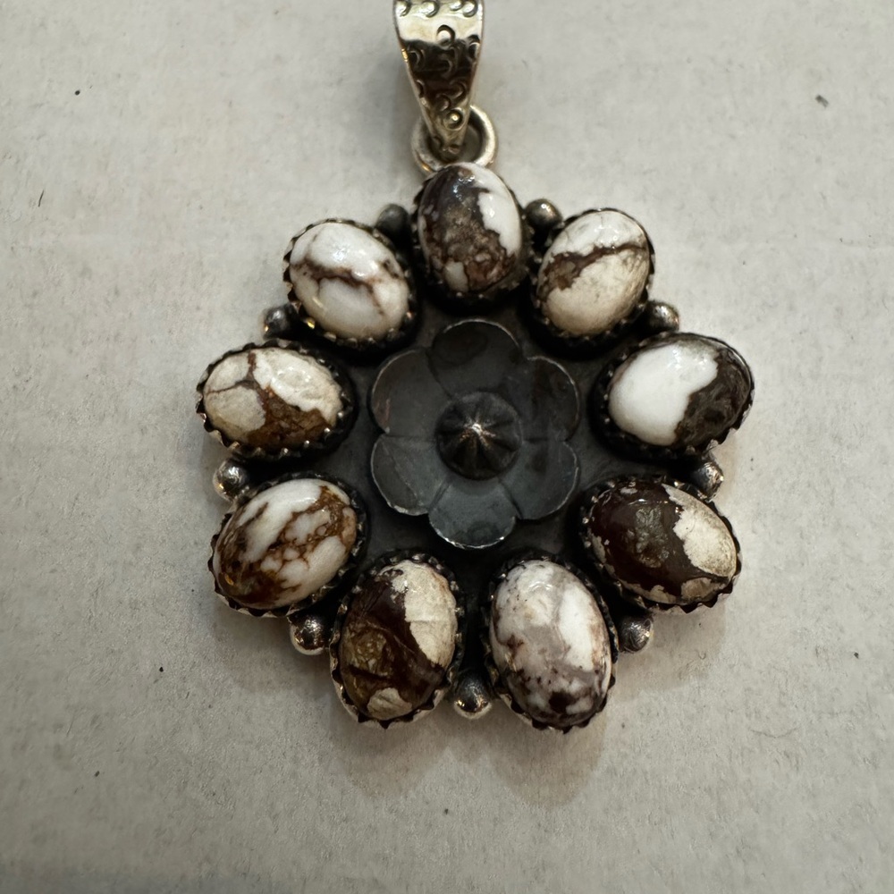 Sterling Silver and White Buffalo Native Floral Pendant - Picture 1 of 6